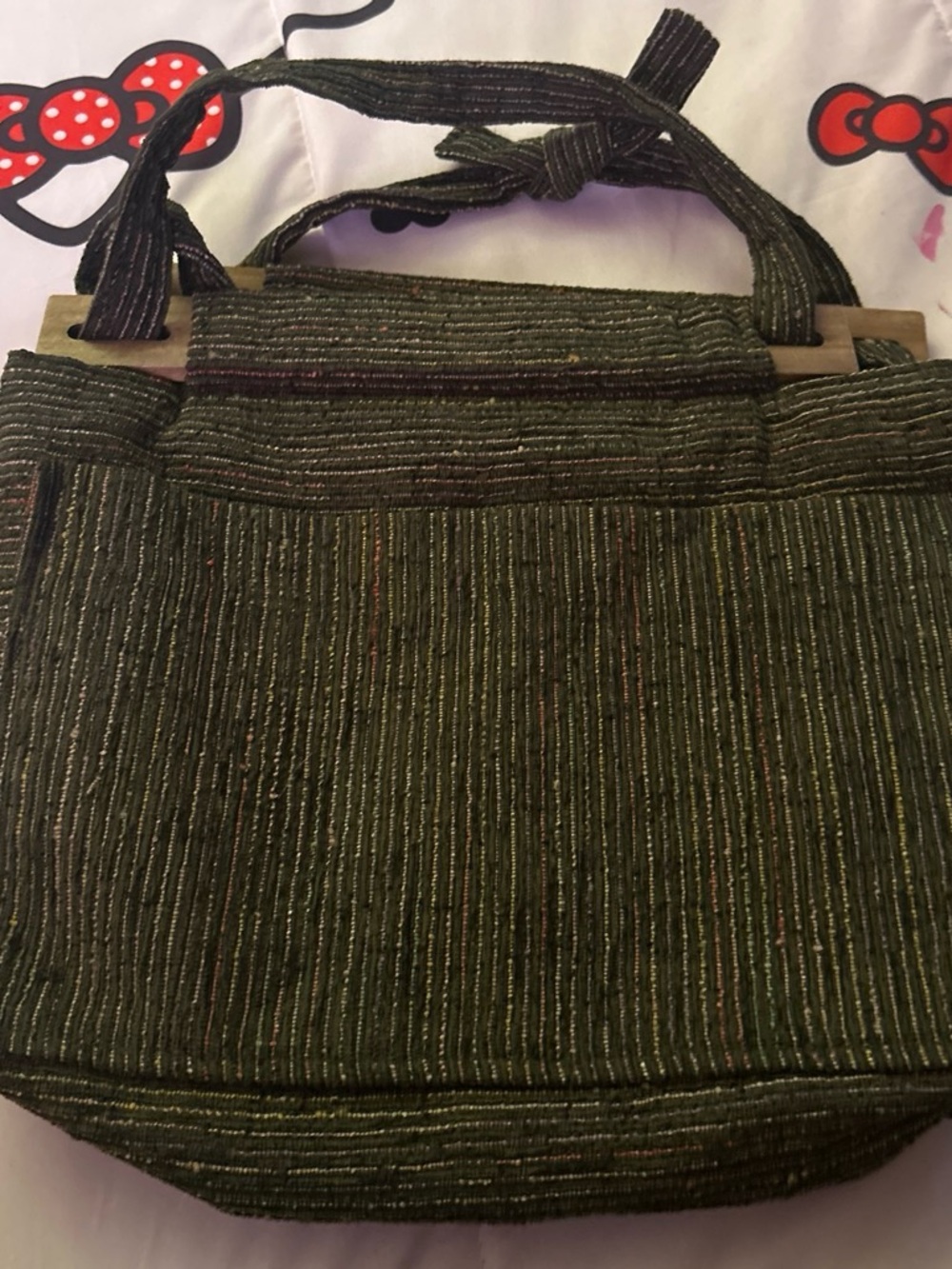 Olive Green Knit Tote Bag with Top Knot Strap - Picture 2 of 2